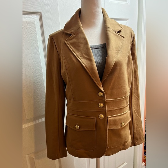 Tan-colored jacket with a structured, tailored design. Gold buttons.Size Medium - Picture 1 of 17